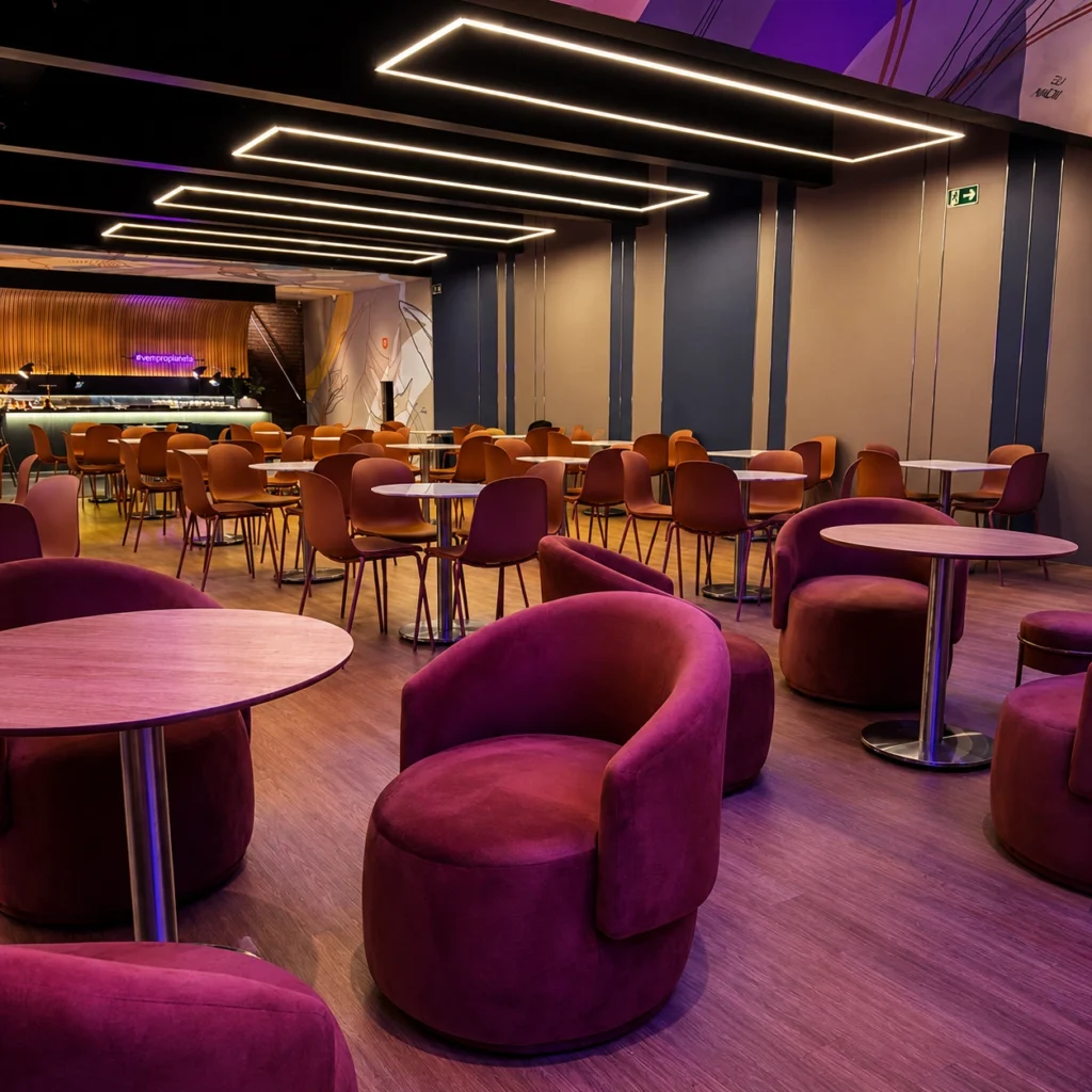 Lounge com poltronas, mesas e iluminação especial para convidados de festa infantil