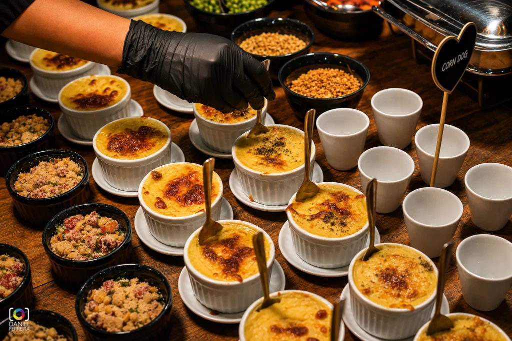 Porções individuais quentes preparadas para o serviço gastronômico da festa infantil